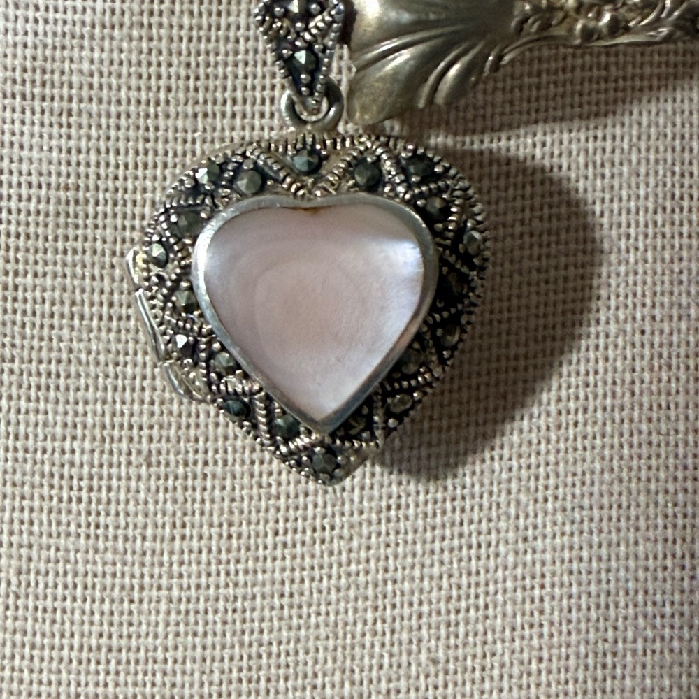 Vintage Heart-Shaped 925, Silver and Pink Mother Of Pearl Pendant w Marcasite